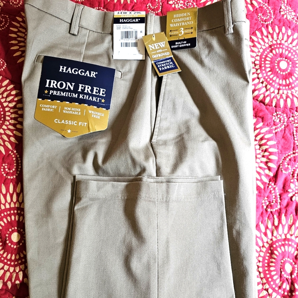 Haggar Men Iron Free Comfort Waistband Premium Khaki 34Waist with 20 Lenght